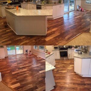 Pacacia hardwood floor installation in a large open kitchen and living area.